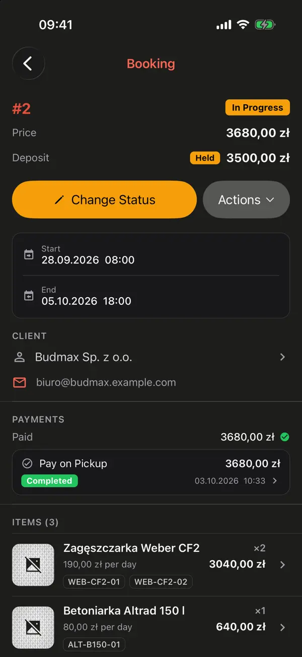 Requiply bookings list of a Kraków tool rental: statuses, dates, Polish and Ukrainian clients, Stripe and pay-in-person payments, totals and deposits in złoty