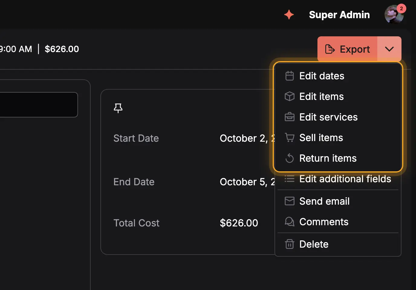 The actions menu of booking #20 with Edit dates, Edit items, Edit services, Sell items, Return items, Edit additional fields, Send email, Comments and Delete, next to the same actions on the phone