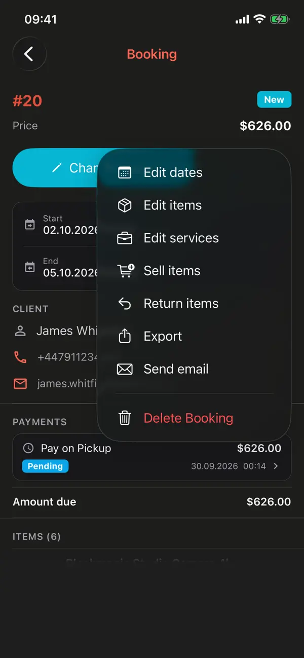 The actions menu of booking #20 with Edit dates, Edit items, Edit services, Sell items, Return items, Edit additional fields, Send email, Comments and Delete, next to the same actions on the phone