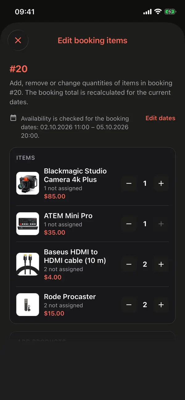 Edit booking items in the iOS app: the items of a booking with quantity steppers and an Add items search below