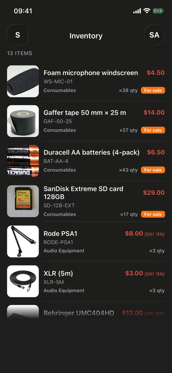 The inventory list in the iOS app with products for sale: stock counts and For sale tags next to rental equipment priced per day