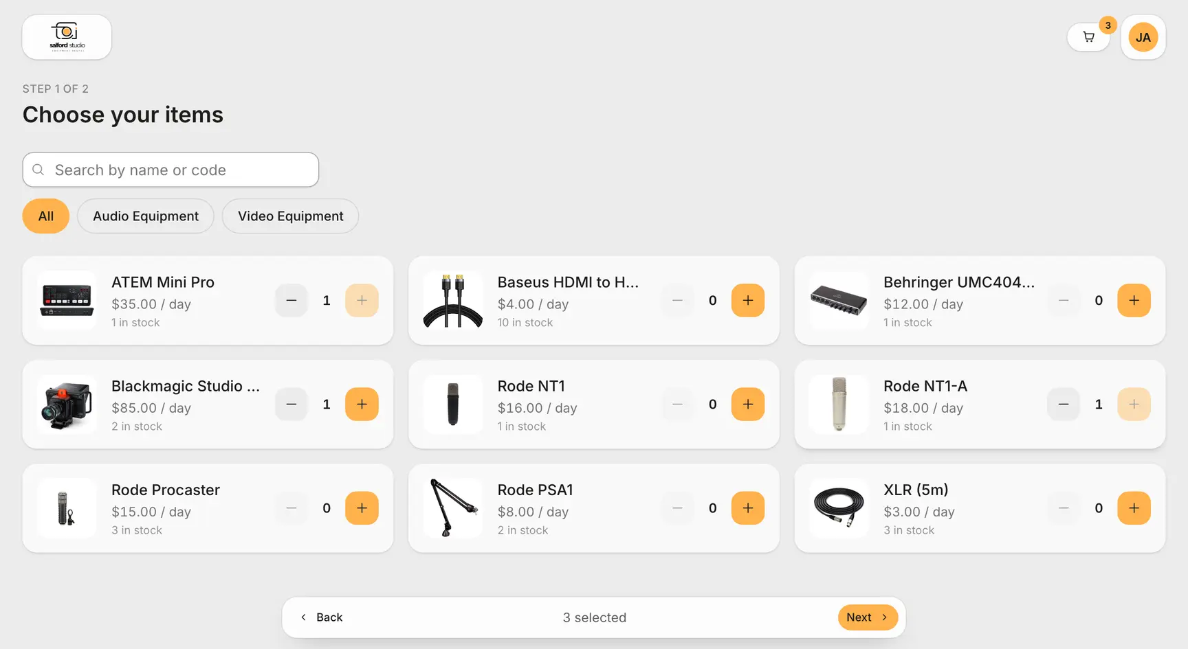 The Stalford Studio client portal on a laptop: step 1 of 2, Choose your items, with category chips, item cards with photos, prices per day and stock counts