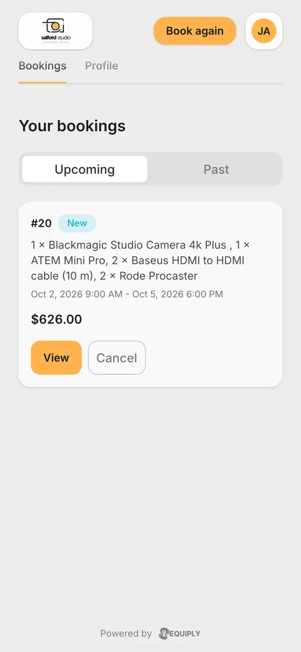 The portal account on a phone: Your bookings with booking #20, its status, total and View and Cancel buttons