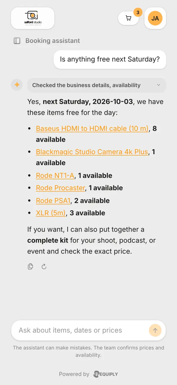 The portal booking assistant on a phone answering Is anything free next Saturday with a list of available items