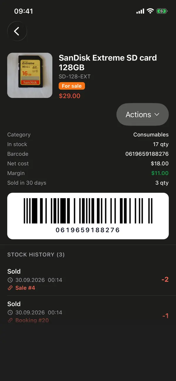 The New sale page: batteries and an SD card selected, a barcode scan field, pay in person, a client picked, and the Sale preview with the items, margin and total to pay
