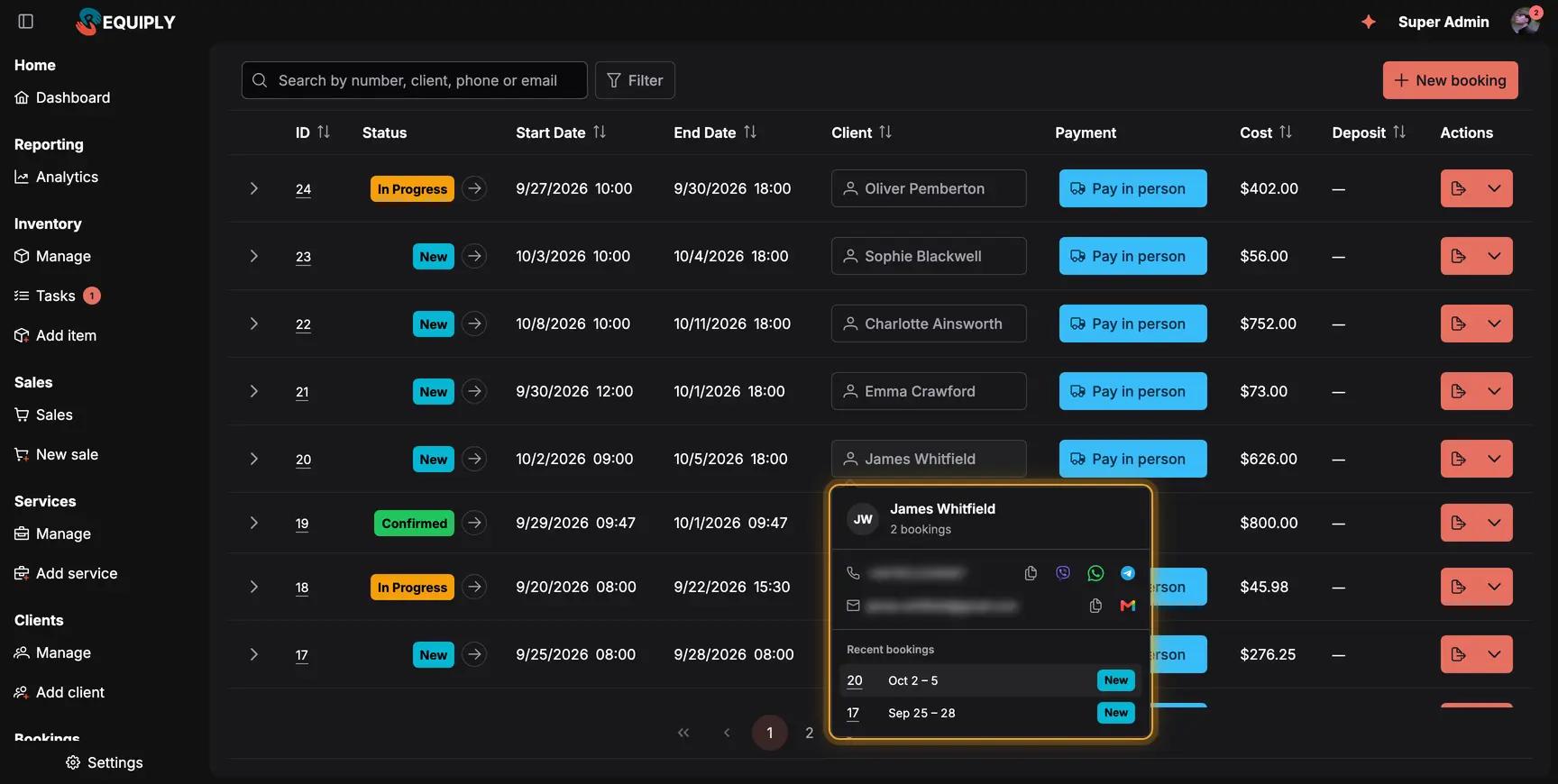 The bookings list in the new layout: navigation on the background, the table in one rounded card, and a client hover card with contacts and recent bookings