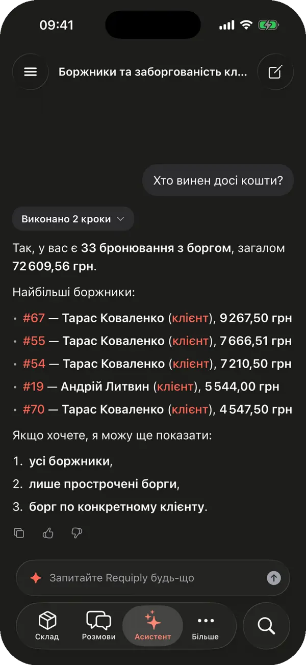 Асистент Requiply поверх списку клієнтів відповідає на питання, хто з клієнтів має борг: кількість бронювань із залишком, загальна сума та список клієнтів із сумами боргу