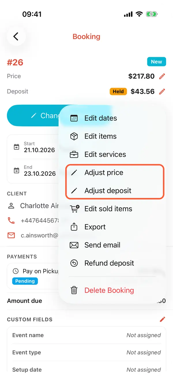 A booking on an iPhone with the price and deposit pencils and the Actions menu with Adjust price and Adjust deposit