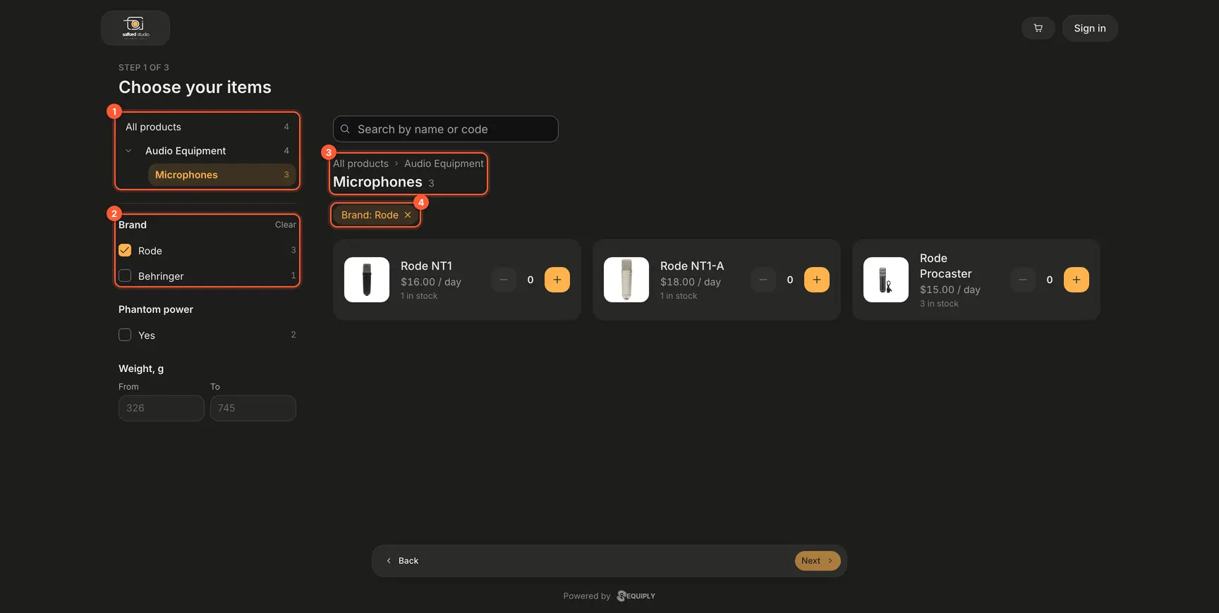 The client portal catalog of Stalford Studio with a category tree on the left, Microphones selected under Audio Equipment, a Brand filter with Rode ticked and the matching microphones