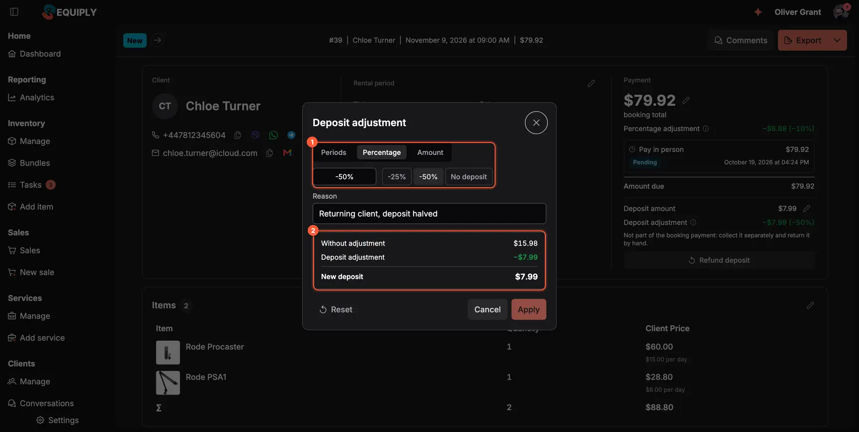 The Deposit adjustment dialog on a booking: Percent selected, the presets -25%, -50% and No deposit, a reason, and the deposit before and after