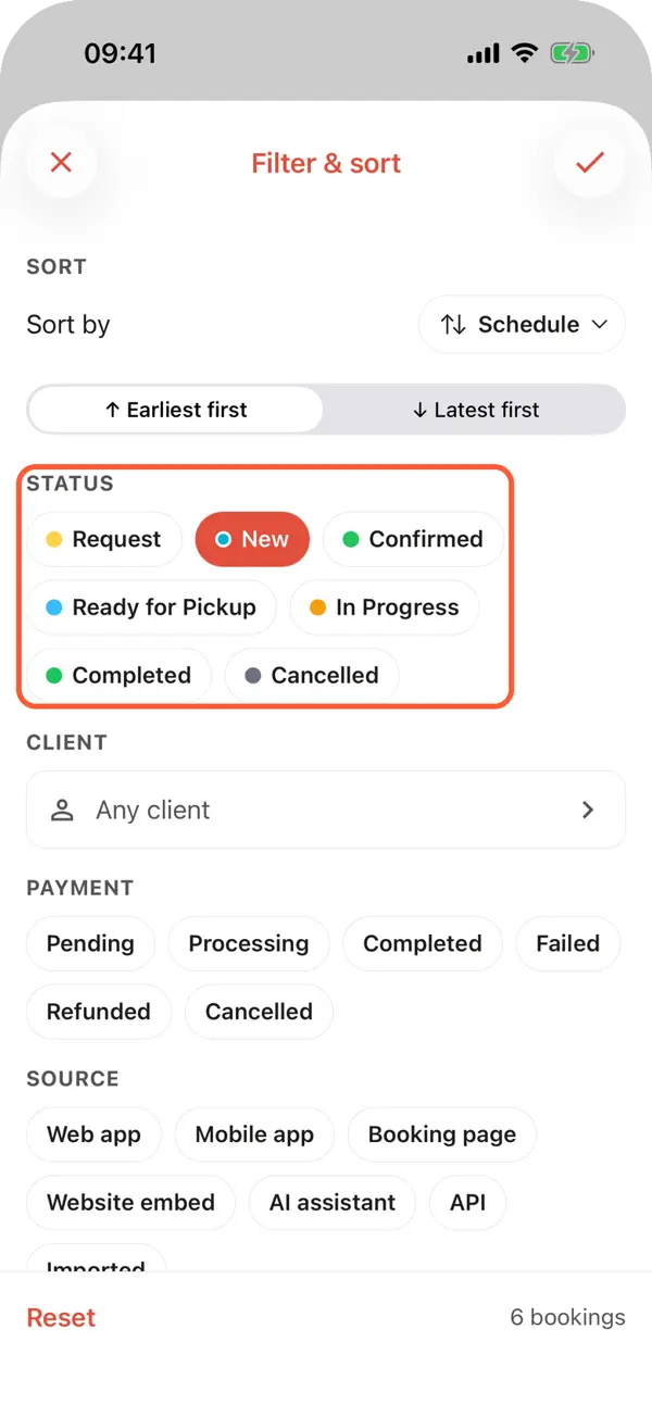 The Filter and sort sheet on an iPhone with the sort order, status chips with New selected, and Client, Payment and Source filters
