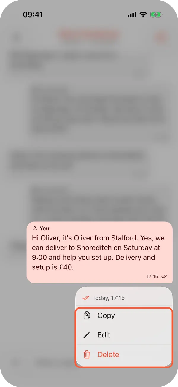 A Telegram conversation on an iPhone with one of the team's replies held and the menu Copy, Edit and Delete