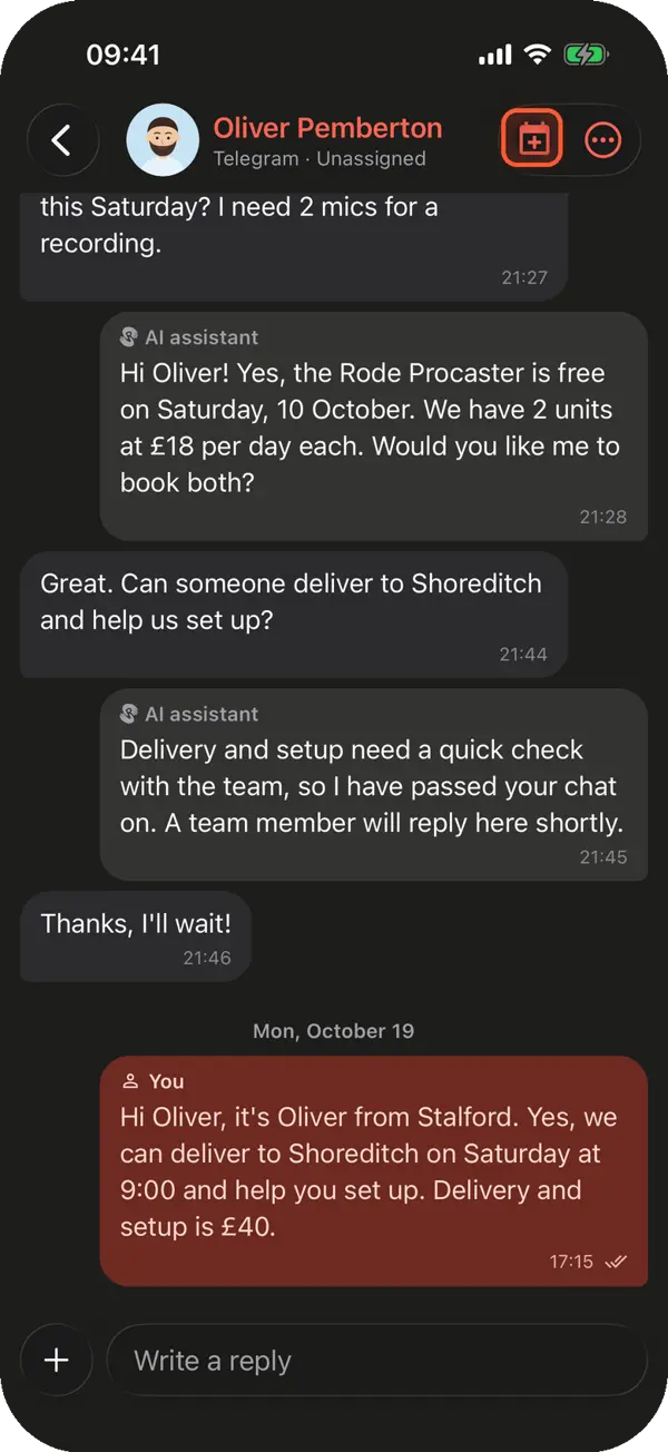 A Telegram conversation with Oliver Pemberton in the Requiply app, with the calendar button for a new booking highlighted in the header