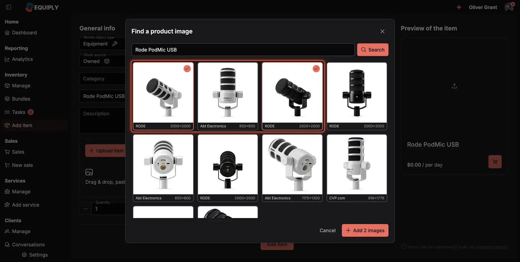 The Find a product image dialog over the Add item form, searching Rode PodMic USB, with eight white-background product photos and two of them picked