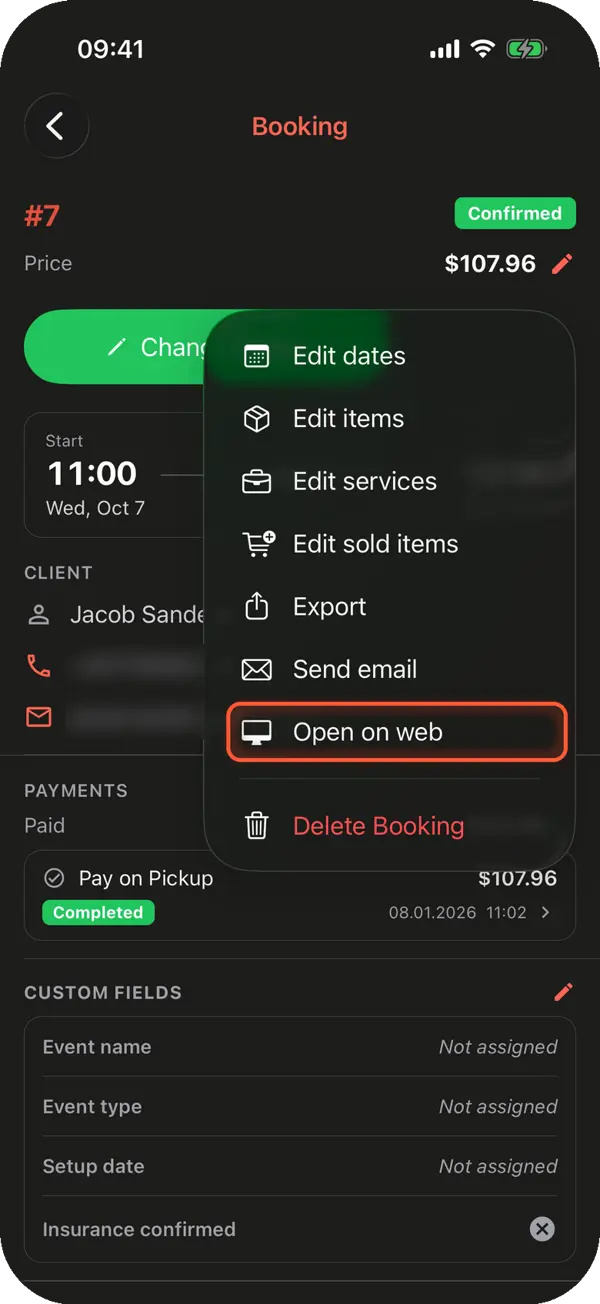 A booking page with its menu open on Open on phone, and the same kind of booking on an iPhone with the Actions menu open on Open on web