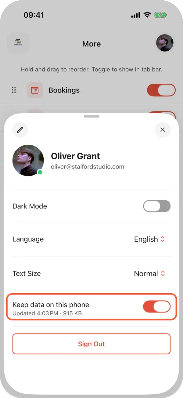 The profile in the Requiply app with Keep data on this phone switched on