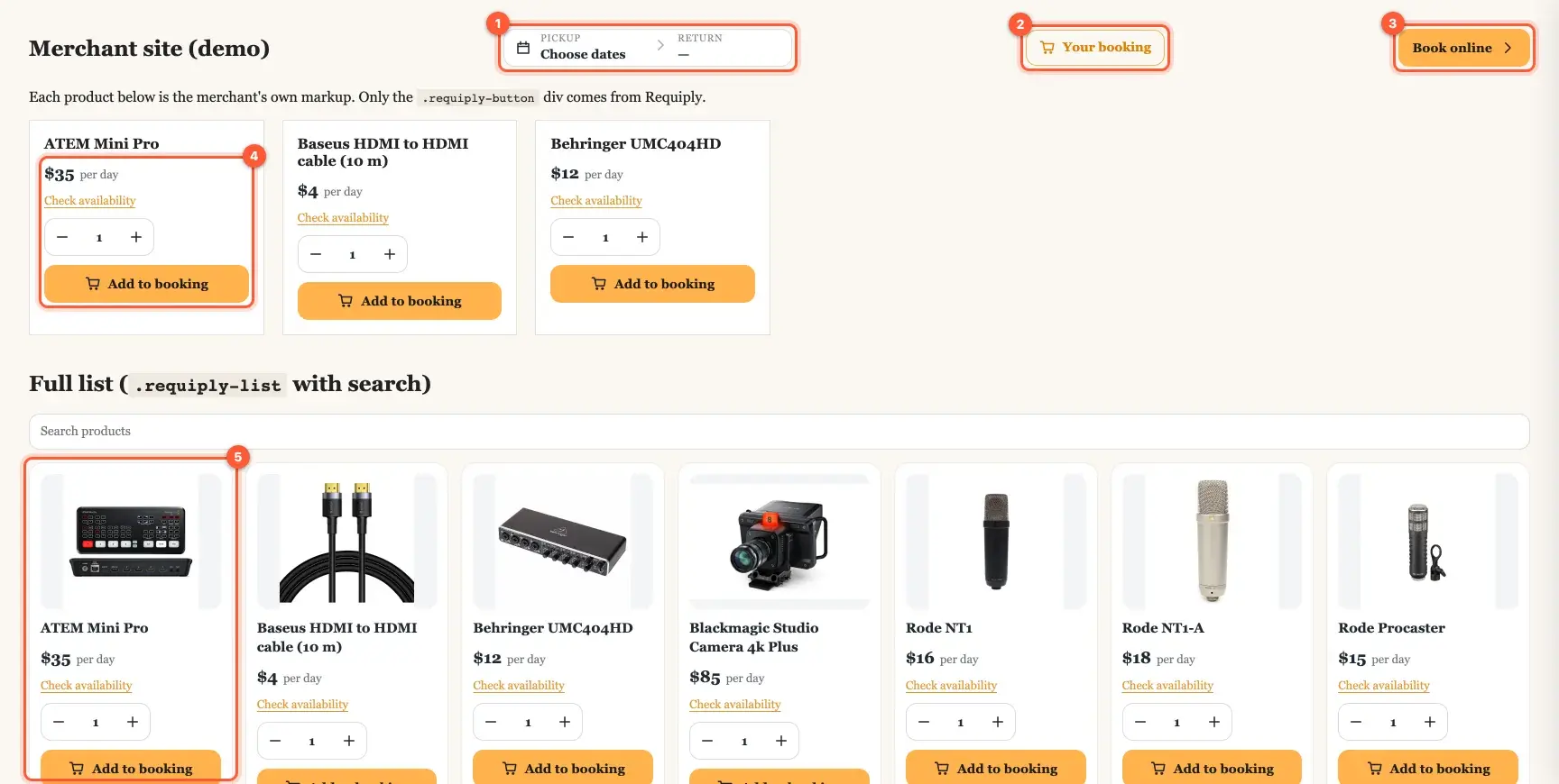 A demo rental website with the Requiply date picker, cart button and Book online button in the header, three products with booking buttons and a searchable product grid