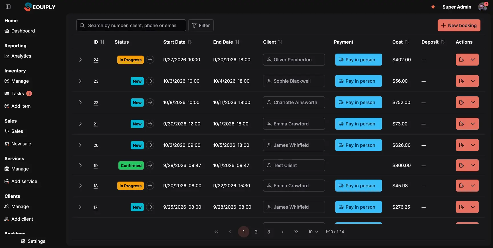 The Requiply bookings list with statuses, dates, clients, payments and totals