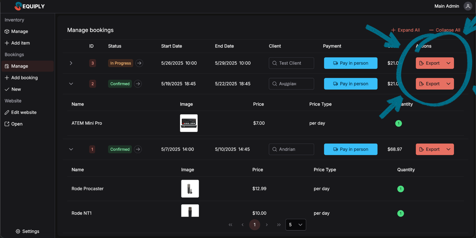 Export Button on Bookings Page