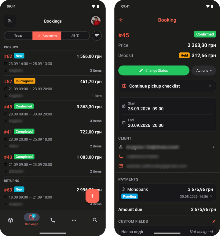 Requiply Android app: the Bookings list with Today, Upcoming and All filters and pickups and returns, next to a booking with its status, held deposit, pickup checklist, dates and pending payment