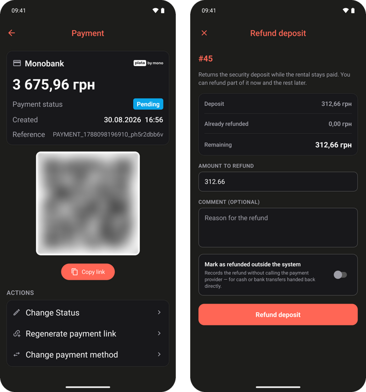 Requiply Android app: a Monobank payment with a QR code the client scans with their own phone, next to the Refund deposit screen with the amount to refund