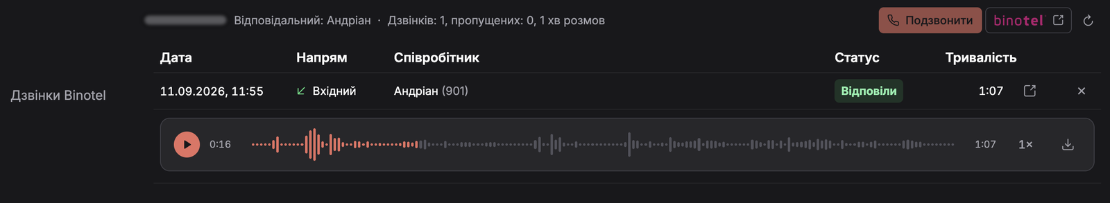 Binotel calls field on a Requiply client page: the header with the assigned employee, the call summary, and the Call and Binotel buttons, an answered incoming call below, and the recording player with a waveform, playback speed, and download