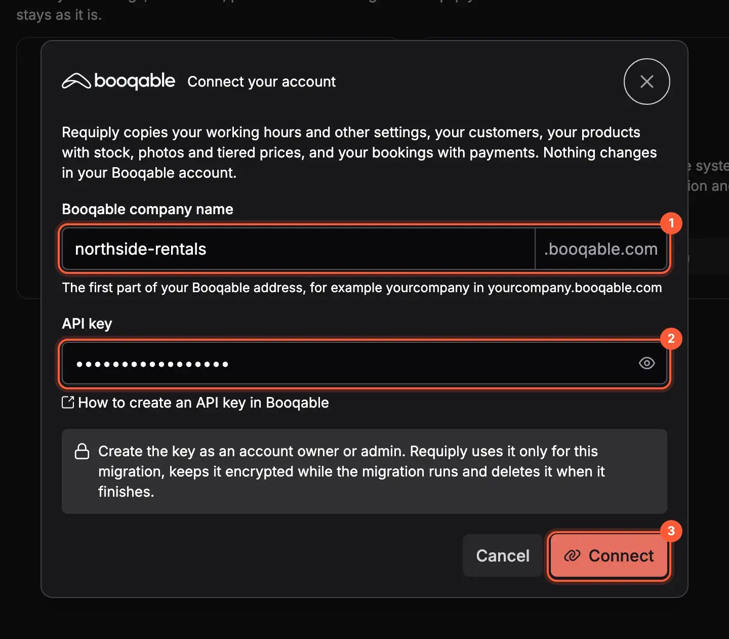 The Booqable dialog in Requiply with the company name, the API key field and the Connect button