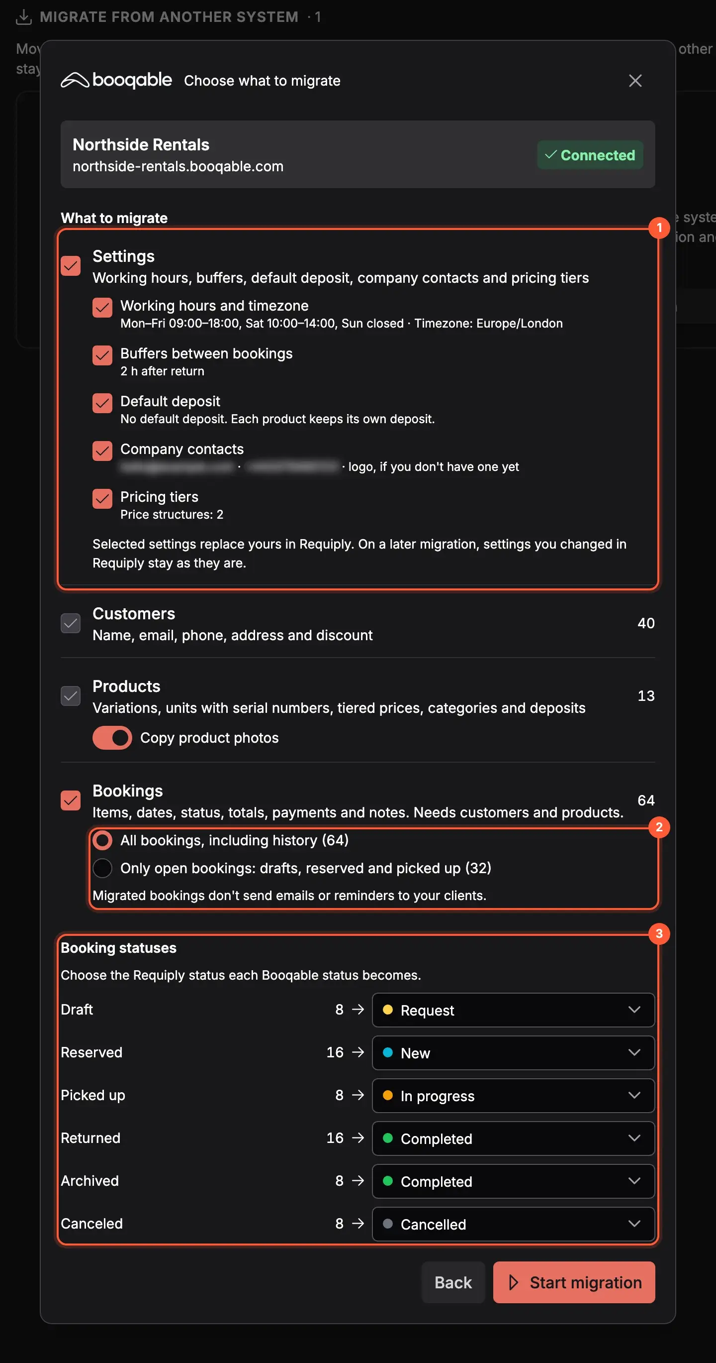 Choosing what to migrate from Booqable: settings with a preview of each value, customers, products and bookings, the booking scope and the status mapping