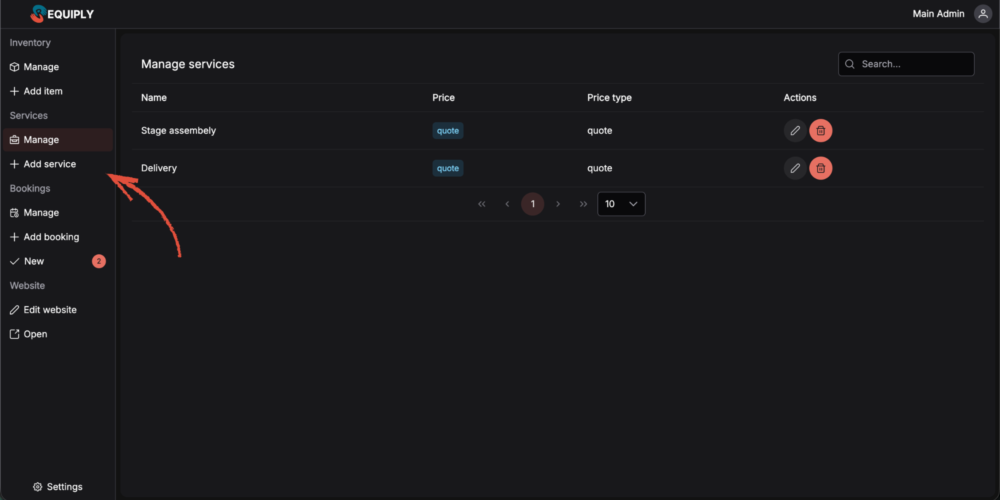 Services Management Page