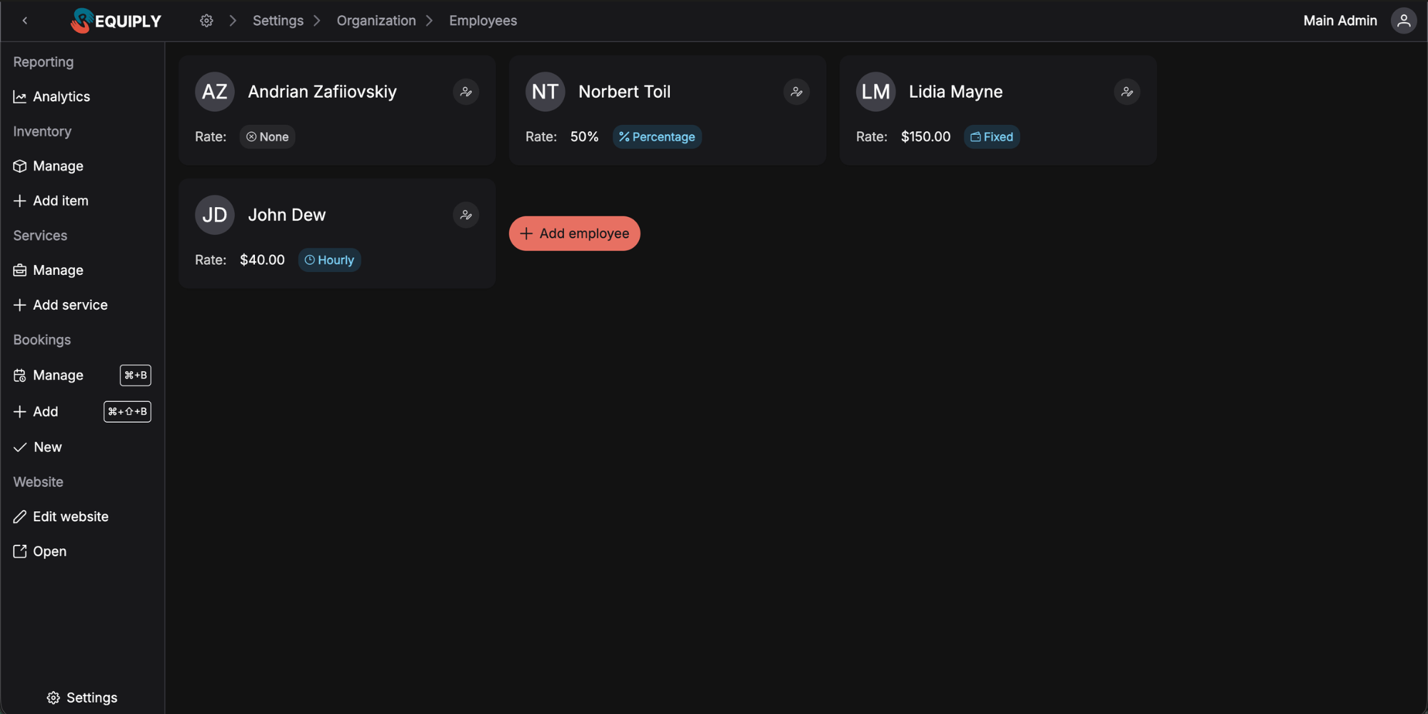 Requiply employee settings — team management page