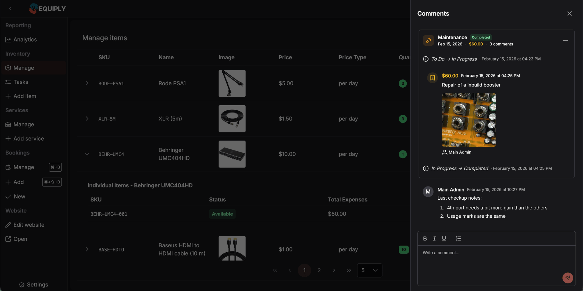 Requiply comments — collaborative notes on bookings and items