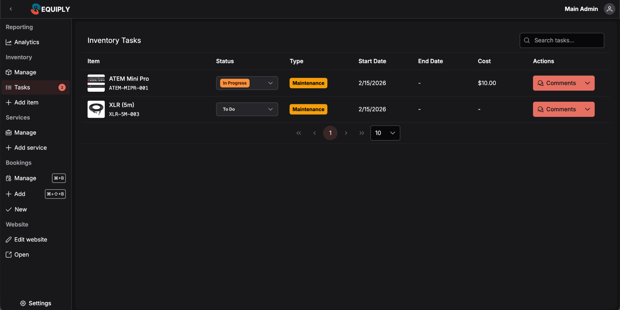 Requiply maintenance — task board with expense tracking
