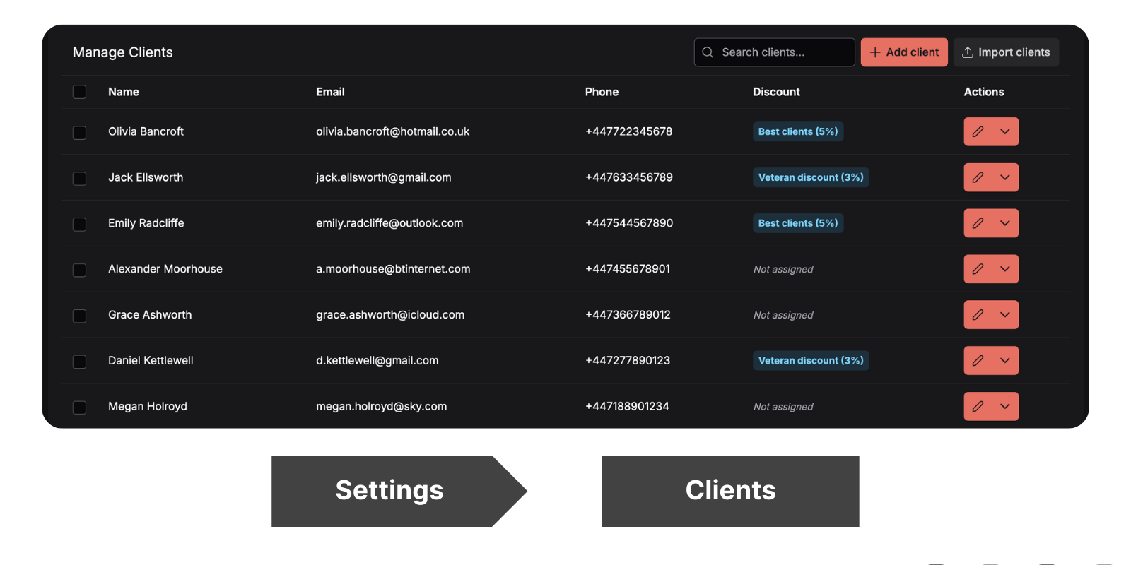 Requiply client settings — client list with discount assignments