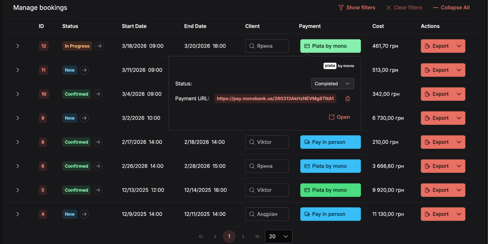 Requiply booking — payment link generation with LiqPay or WayForPay