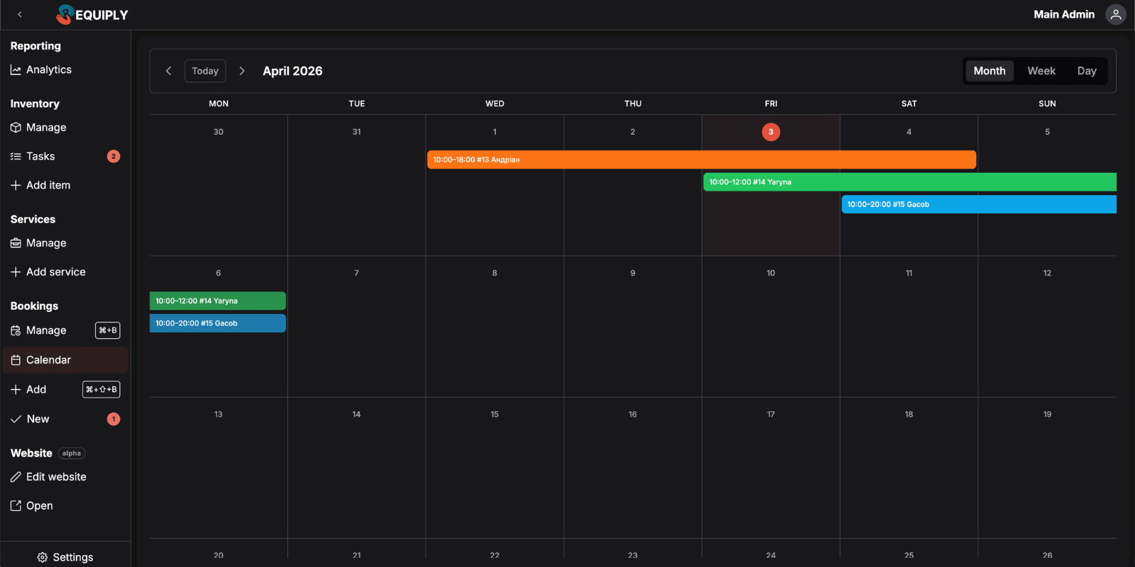 Requiply calendar view — bookings displayed in month, week, and day layout colour-coded by status