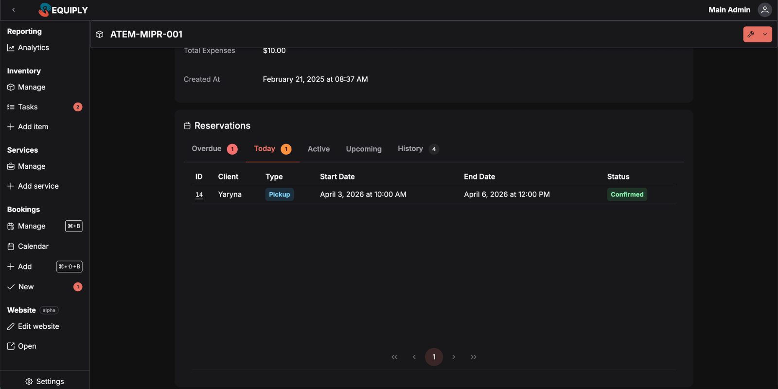 Requiply single object view — dedicated booking page with today, future, overdue, and historic tabs