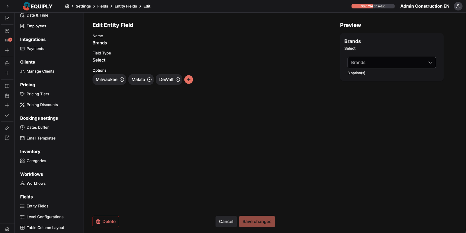Requiply Entity Fields settings page — list of created fields with text, number, select, multiselect, checkbox, and textarea types, plus a button to add a new field
