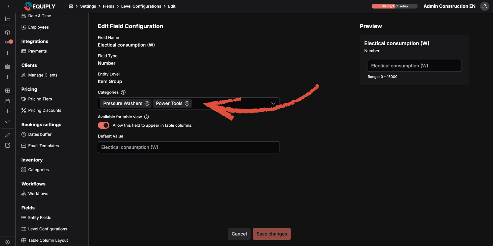 Requiply field configuration for the SKU level with a selection of inventory categories the field applies to and an Available for table view toggle