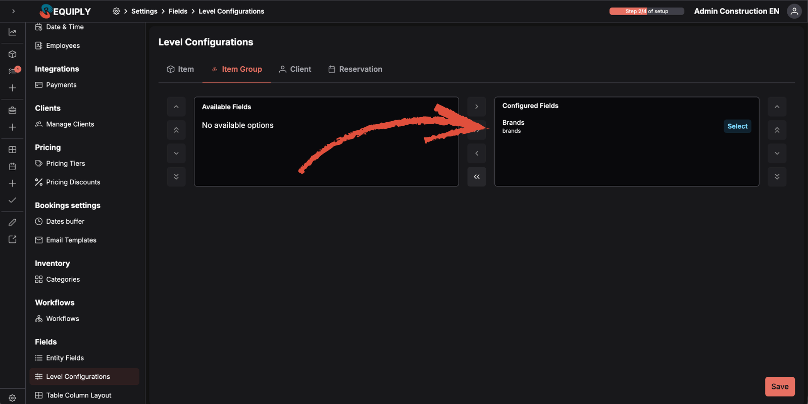 Requiply Level Configurations page — list of SKU, Item Group, Booking, and Client levels with linked fields and visibility toggles