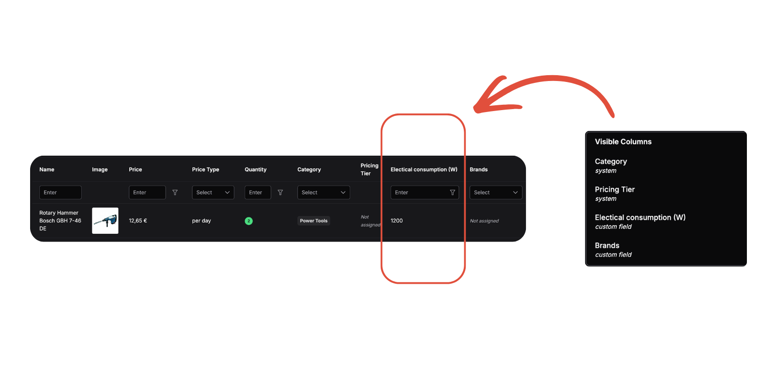 Requiply Table Column Layout page with SKU, Item Group, Booking, Client tabs and a list of system and custom columns with visibility toggles and drag-and-drop reordering