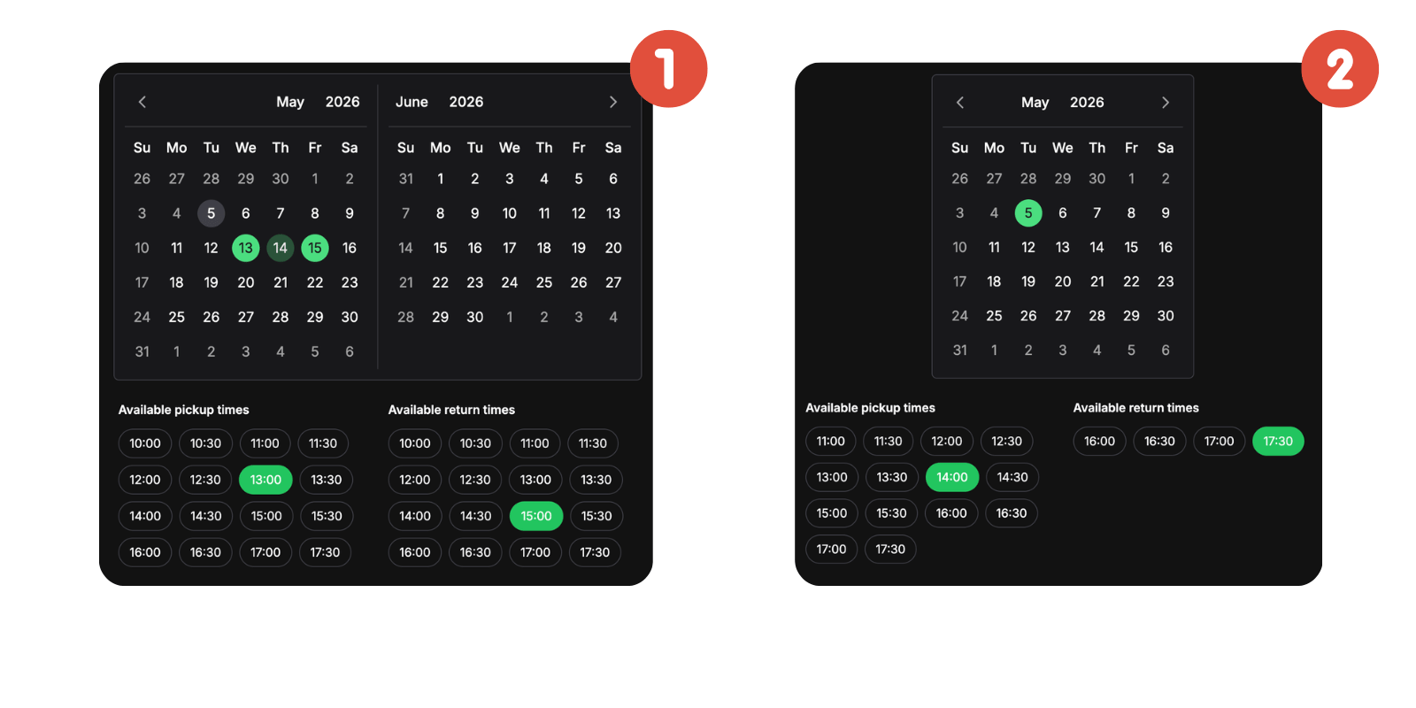 Requiply Booking Creation settings page with Date Picker Type option showing Range and Single-day choices