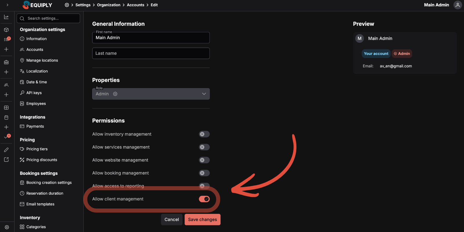 Requiply account permissions panel with the new Allow Client Management toggle next to Inventory, Service, Reservations, Reporting, and Web Site permissions