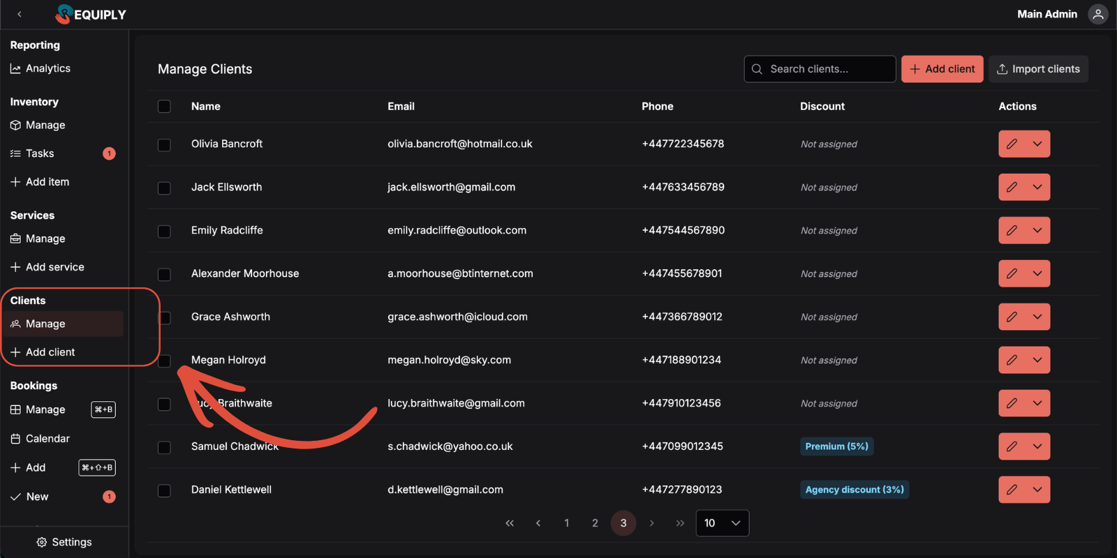 Requiply main navigation showing the new top-level Clients section alongside Inventory, Reservations, and Reports