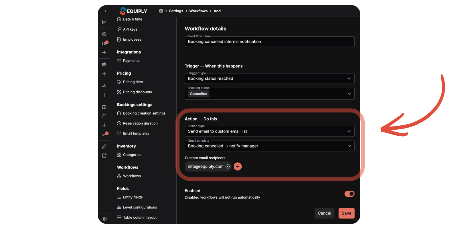 Requiply workflow editor with the new Send Email to List action, recipient list, and template picker