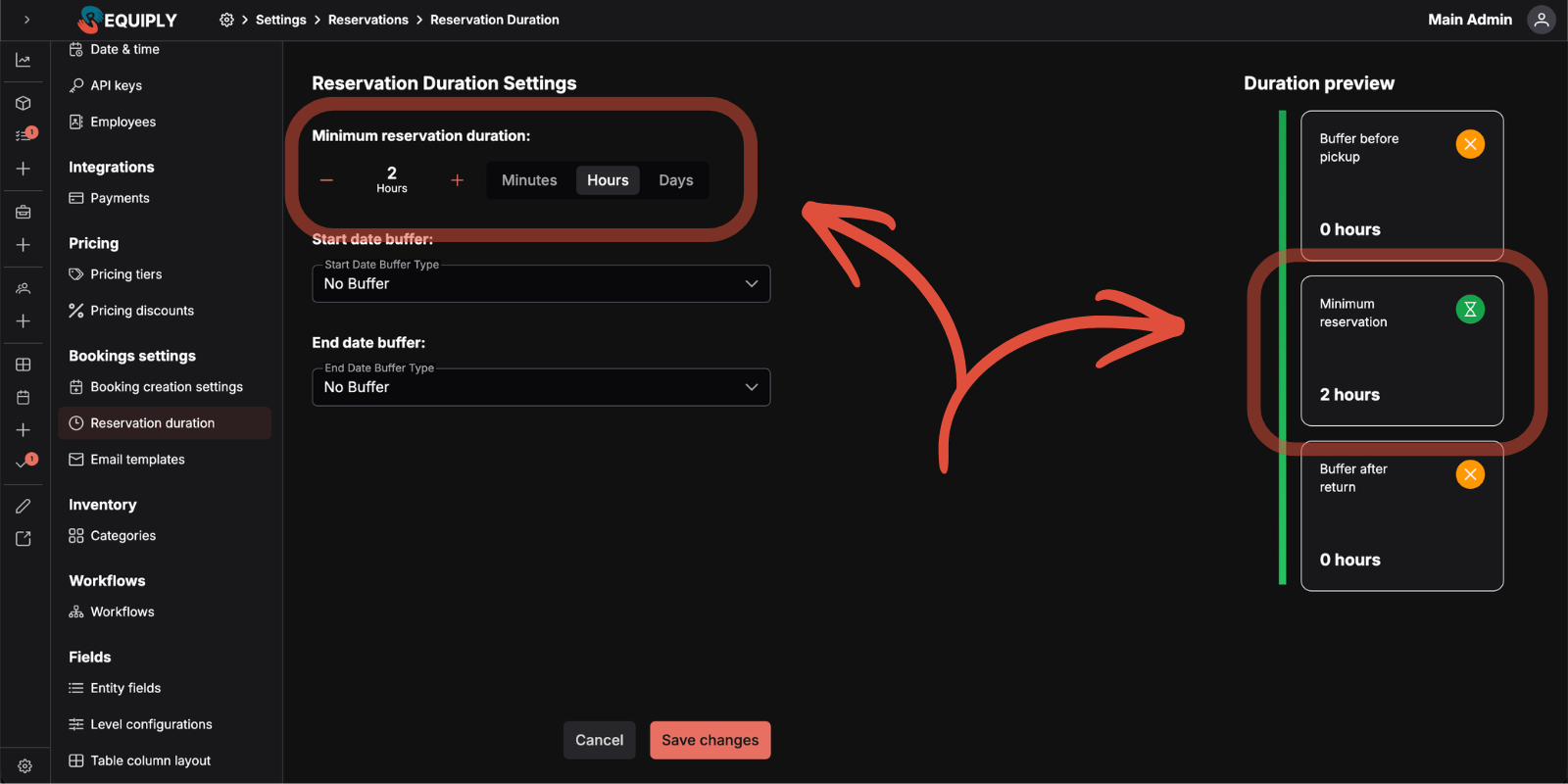 Requiply Reservation Duration settings page with the new Minimum Reservation Duration field shown alongside start and end buffers