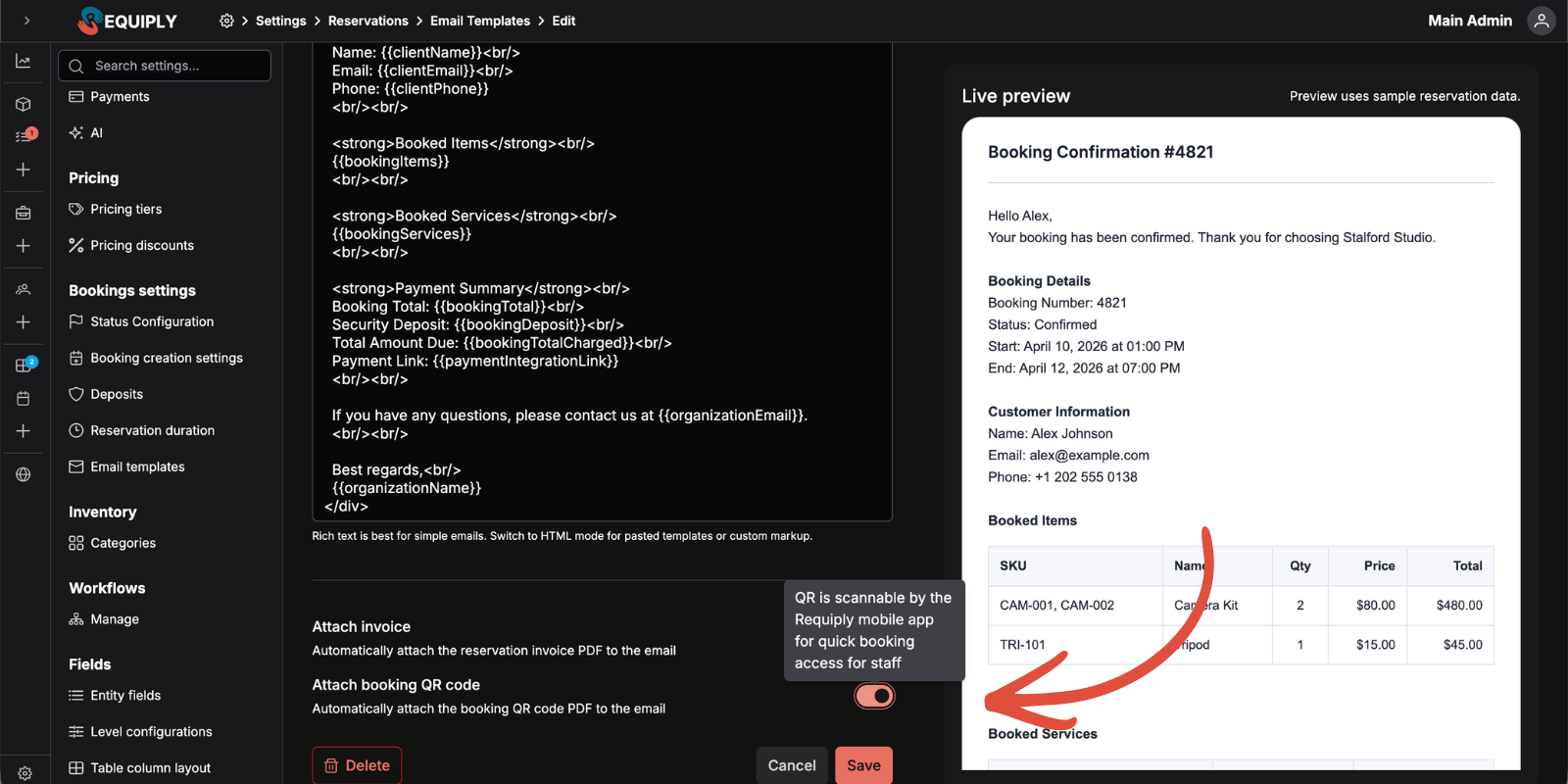 Requiply email template editor with the new Attach booking QR toggle next to the attach invoice option