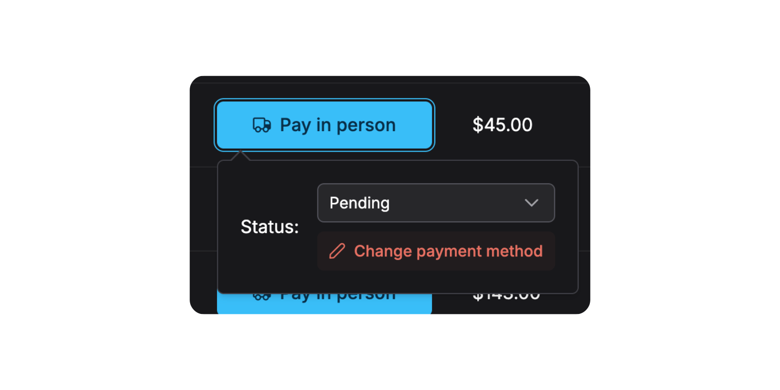 Requiply Change Payment Method dialog with provider options and a generated payment link with copy, open, and regenerate controls