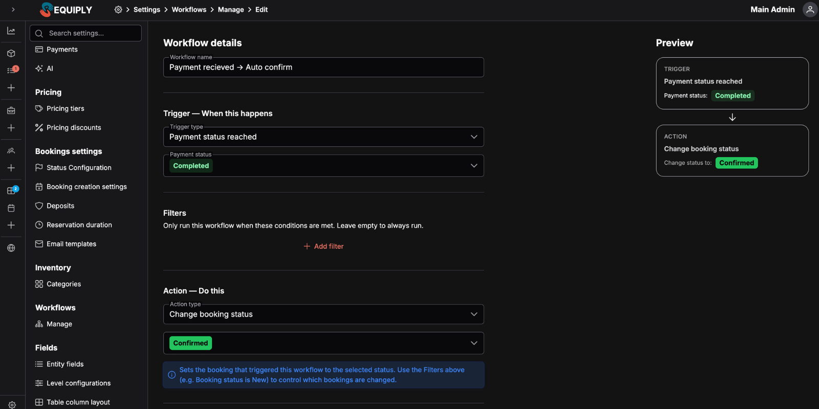 Requiply workflow editor with the new Change Booking Status action selected alongside the existing email and push actions