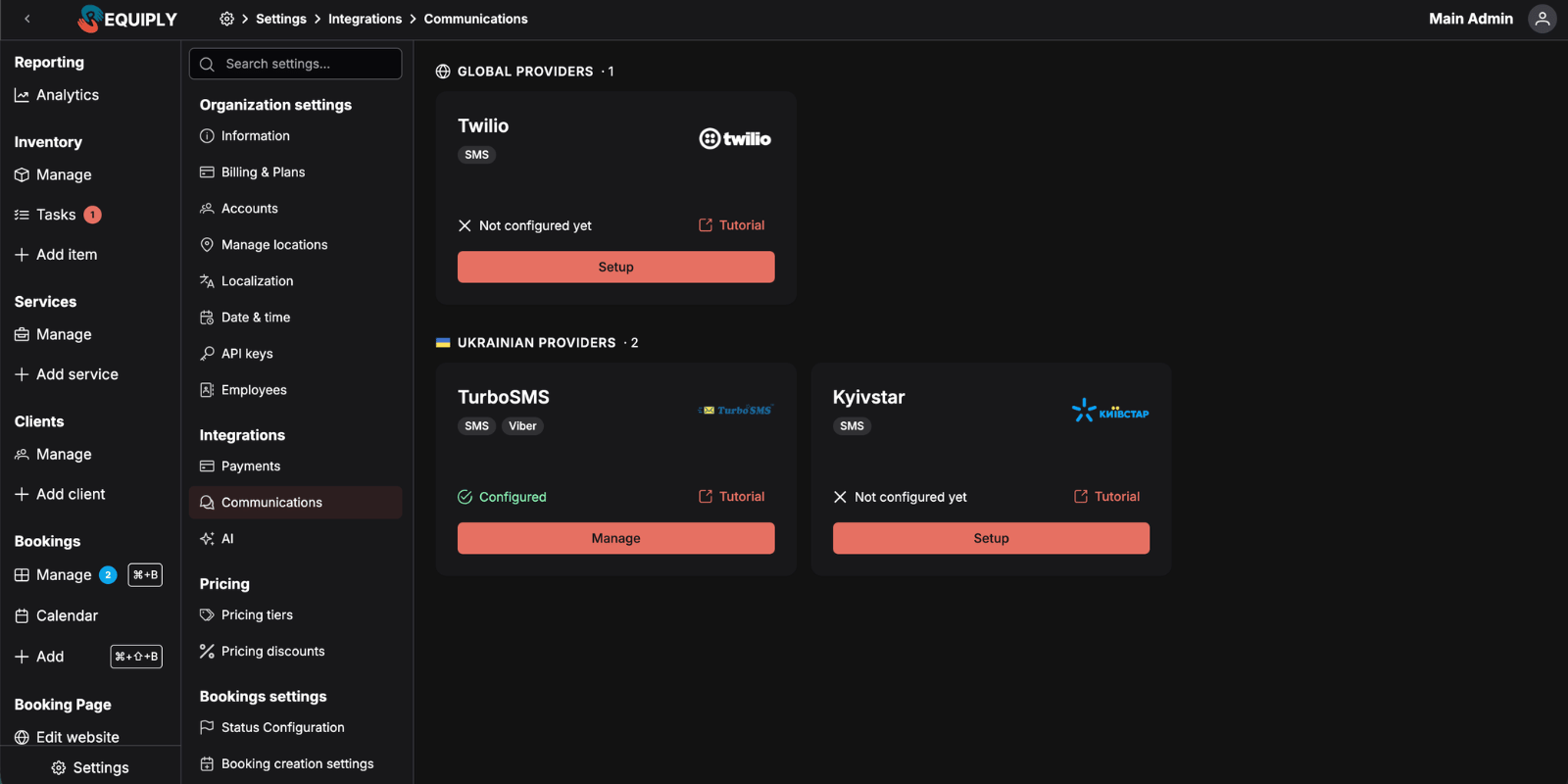 Requiply Communications settings page with the three new providers — Twilio under Global providers, TurboSMS and Kyivstar under Ukrainian providers — each with its logo, channels, and a Setup or Manage button