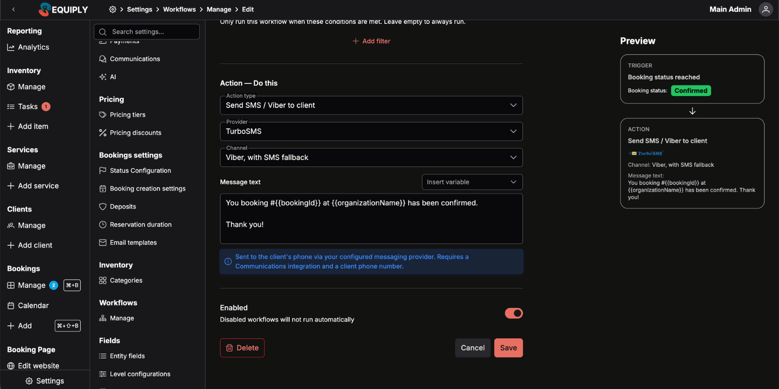 Requiply workflow editor showing a booking-status trigger and the new Send SMS / Viber to customer action